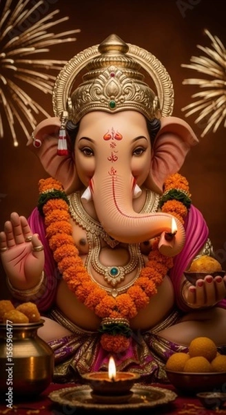 Obraz Ai generated image of a beautiful ganesha statue sits adorned with flowers and sweets