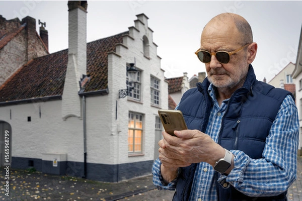 Fototapeta Middle-Aged Man Using Smartphone Against Quaint Architectural Backdrop