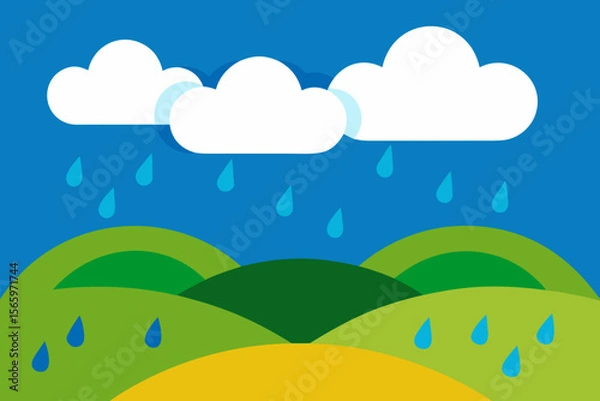Fototapeta Colorful cartoon landscape with clouds, sun, and rainbow over green hills and field with trees and flowers