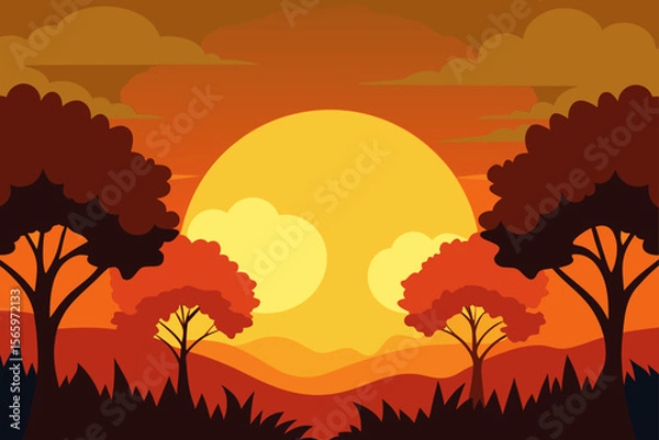 Fototapeta A vibrant sunset landscape featuring silhouette trees and golden sunlight over the horizon