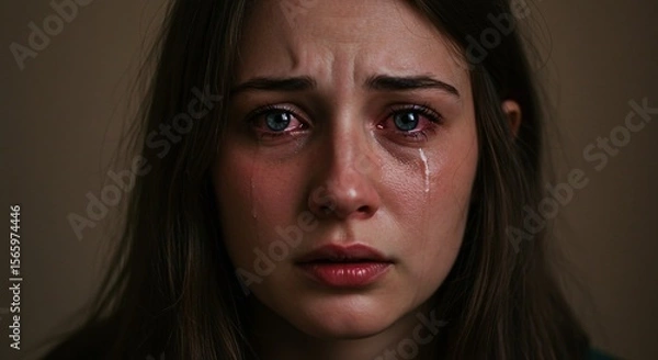 Fototapeta A close-up of a woman's face, her eyes red and filled with tears, conveying deep sadness and vulnerability. 