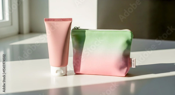 Fototapeta Skincare still life presents a pink cosmetic tube and a makeup bag near a bright window for a beauty products concept.