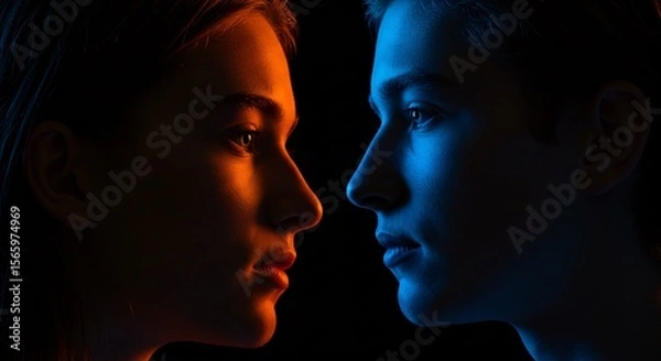 Fototapeta Two human profiles are illuminated by contrasting blue and orange light, facing each other against a dark background.