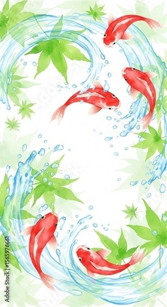 Fototapeta Vibrant Red Koi Fish and Green Maple Leaves in Refreshing Water Splash - Summer Nature Background.
