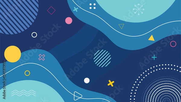 Fototapeta Abstract blue background with geometric shapes and fluid wavy elements