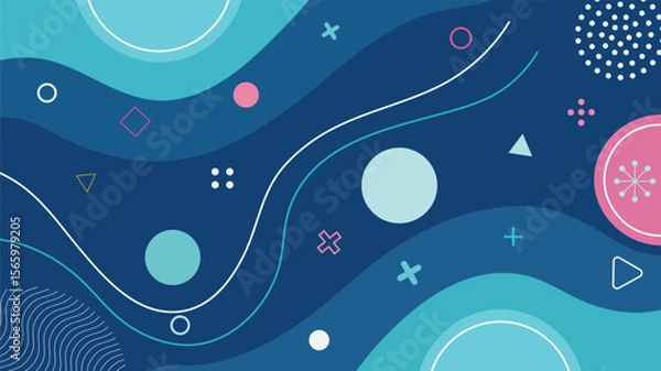Fototapeta Abstract blue background with wavy shapes and geometric decorative elements