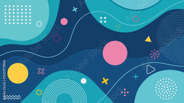 Fototapeta Abstract geometric background with wavy shapes and colorful floating elements