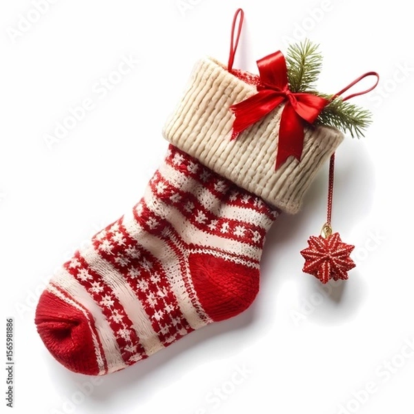 Obraz Christmas Stocking Festive Knitted Holiday Decoration on white background