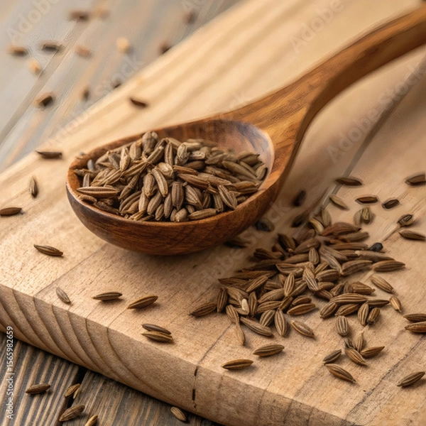 Obraz Close up of caraway seeds spilling from a wooden spoon onto a wooden cutting board