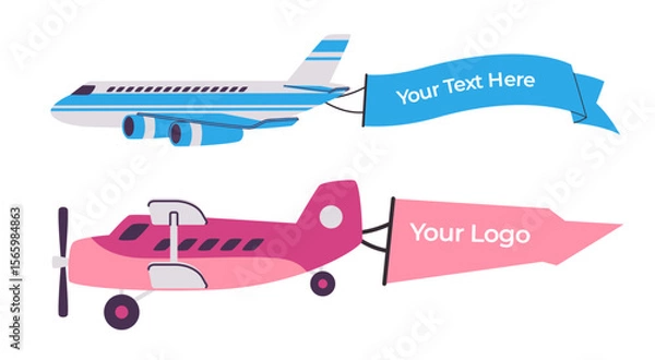Obraz A vector illustration of a pink airplane flying with a blank banner ribbon trailing behind it designed for aerial advertising