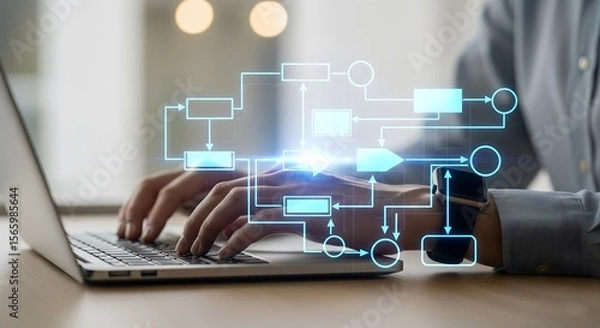 Obraz a user interacting with a digital interface that visualizes a step-by-step process or network, emphasizing the integration of technology for streamlined operations, data management, and logical thinki