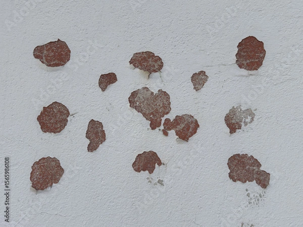 Fototapeta Peeling red paint on white textured wall with visible cracks
