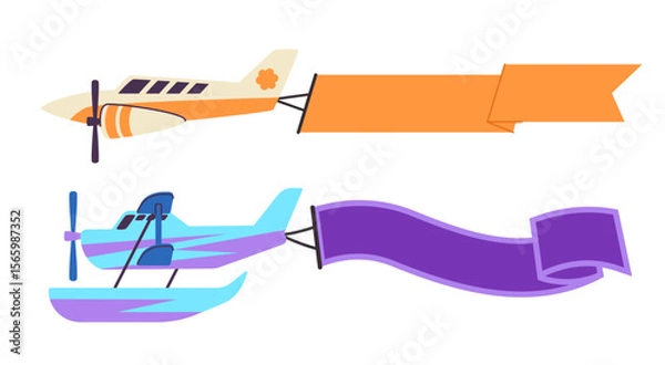 Obraz orange biplane flying with several blank banners or ribbons trailing behind it ideal for showcasing multiple aerial advertisements