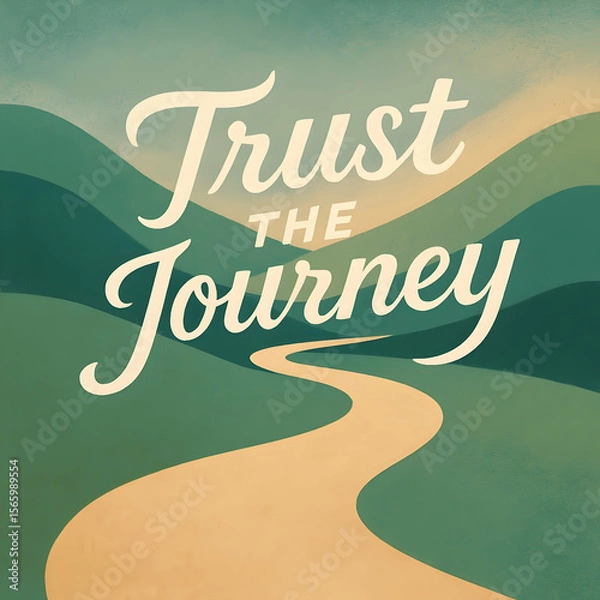 Fototapeta Inspirational quote “Trust the Journey” displayed over a stylized winding path through green hills, evoking calmness, hope, and forward movement.