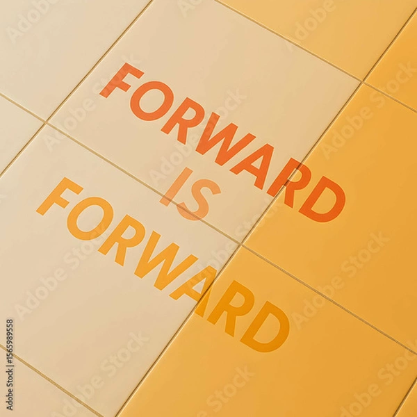 Fototapeta Motivational quote “Forward is Forward” printed on orange and yellow square tiles, arranged in a diagonal pattern creating a positive and uplifting visual.