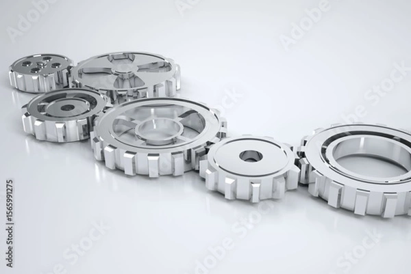 Obraz Six silver gears are aligning diagonally with varying diameters in 3D render on light-gray surface