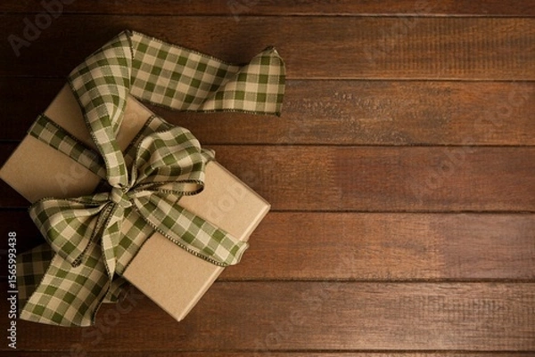 Obraz Overhead of gift box on wooden table
