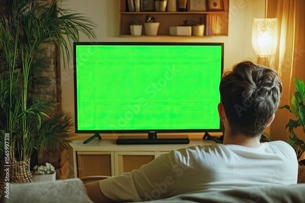 Fototapeta Detailed Visual  of Caucasian Person Looking at Green Screen Tv
