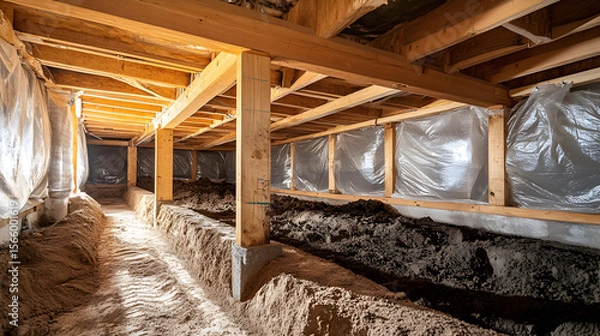 Fototapeta Dim crawl space featuring exposed wooden beams and dirt floor, showcasing typical structural conditions and highlighting urgent foundation repair and maintenance requirements in residential 71873164 1