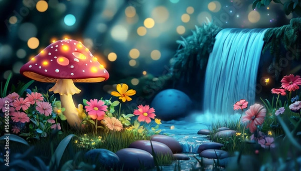 Fototapeta 3D rendering of a cute, glowing mushroom, waterfall, and flowers in a garden at night with a light, bokeh background