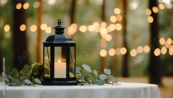 Fototapeta A black lantern with a candle is placed on the white tablecloth of an outdoor wedding in a forest, surrounded by green moss and eucalyptus leaves