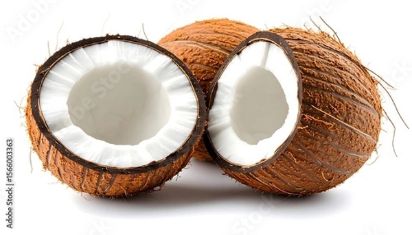 Fototapeta Fresh coconut halved to reveal white coconut meat and textured brown husk. Isolated on white background with soft natural light and detailed texture.