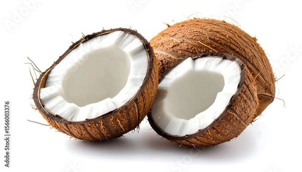 Fototapeta Fresh coconut halved to reveal white coconut meat and textured brown husk. Isolated on white background with soft natural light and detailed texture.