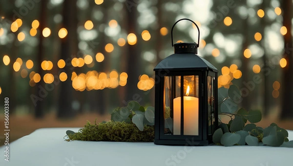 Fototapeta A black lantern with a candle is placed on the white tablecloth of an outdoor wedding in a forest, surrounded by green moss and eucalyptus leaves
