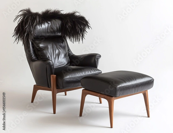 Fototapeta A black leather chair with wooden legs and an ottoman, adorned with a feathered fur hat on the armrests. The furniture is set against a white background