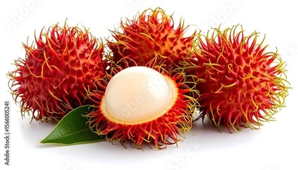 Fototapeta Cluster of rambutans with red spiky skin and one peeled open showing translucent white flesh. Isolated on white background, macro food detail and soft light.