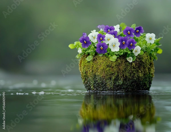 Fototapeta A close-up of a moss-covered flower pot with delicate purple and white violets, sitting on the edge of a water surface, with a wet background
