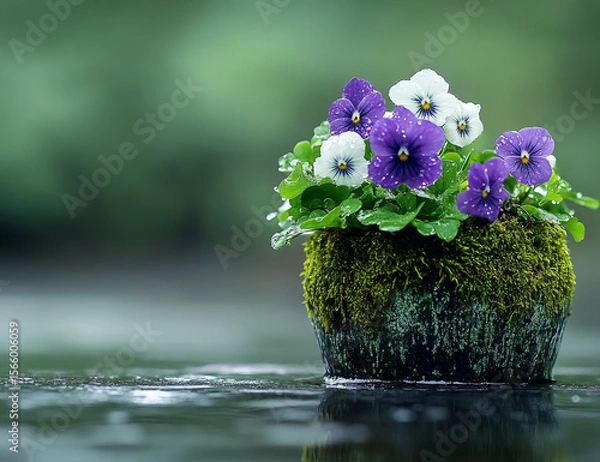 Fototapeta A close-up of a moss-covered flower pot with delicate purple and white violets, sitting on the edge of a water surface, with a wet background