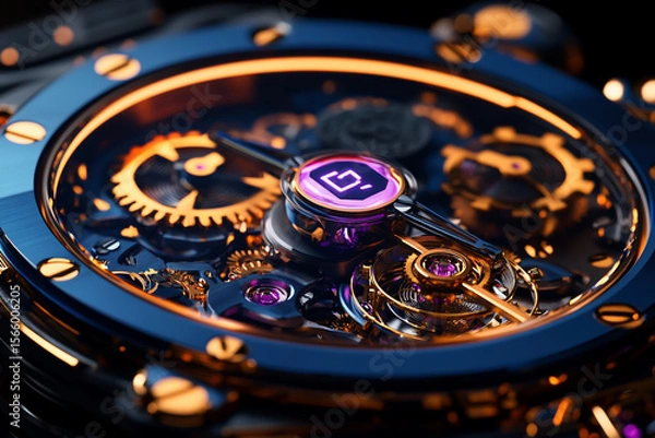 Fototapeta A close-up of the mechanical interior of an expensive watch, showing gears and springs in action