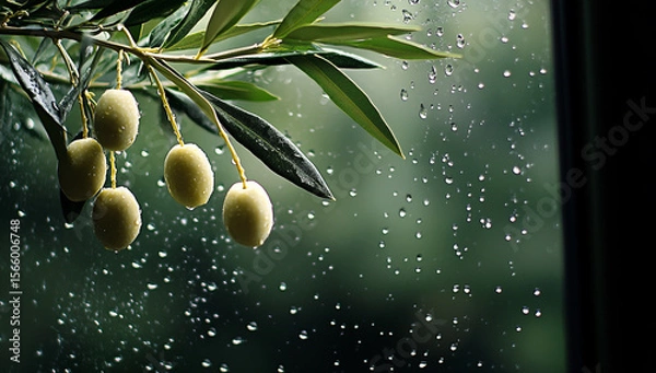 Fototapeta A close-up photograph of an olive branch with white olives hanging from it, water droplets on the leaves