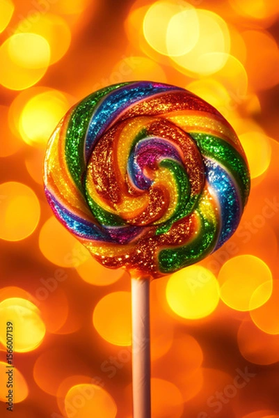 Fototapeta A colorful lollipop with rainbow swirls, sparkling and glistening in the light of a blurred background of orange lights