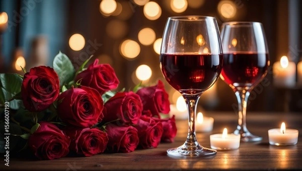 Fototapeta Romantic Dinner Setting Red Wine, Roses, and Candlelight