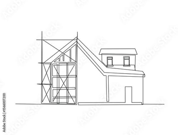 Fototapeta Continuous one line drawing of house construction architecture. House renovation outline illustration. Editable vector.