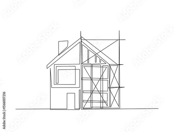 Fototapeta Continuous one line drawing of house construction architecture. House renovation outline illustration. Editable vector.
