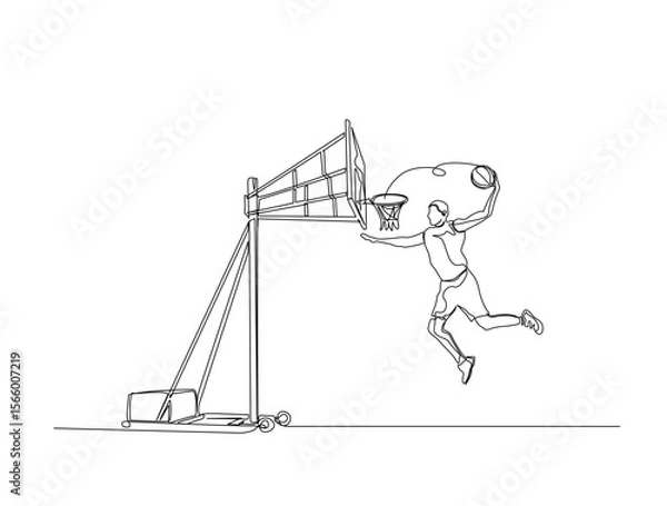 Fototapeta Continuous one line drawing of basketball palyer with basketball hoop. basketball sport outline illustration. Editable vector.