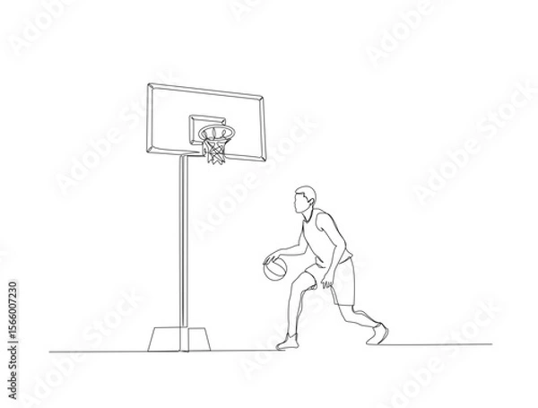Fototapeta Continuous one line drawing of basketball palyer with basketball hoop. basketball sport outline illustration. Editable vector.