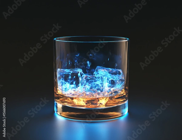 Fototapeta A glass of whiskey with ice cubes on a black background, with blue light illuminating from inside the glass