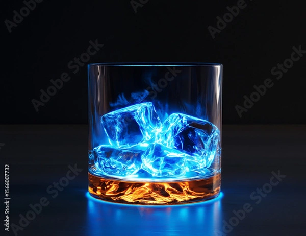 Fototapeta A glass of whiskey with ice cubes on a black background, with blue light illuminating from inside the glass