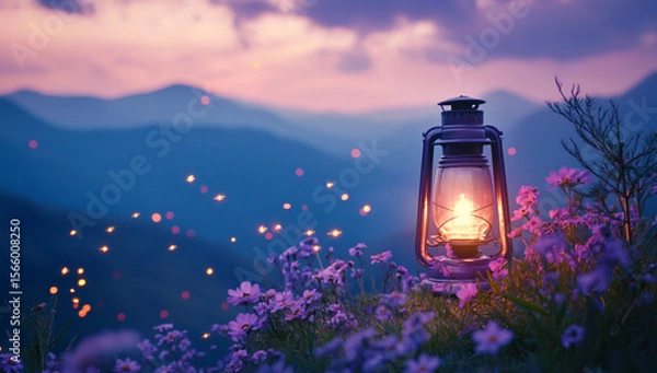 Fototapeta A glowing lantern stands in the foreground, surrounded by purple flowers and fireflies against a backdrop of mountains at dusk