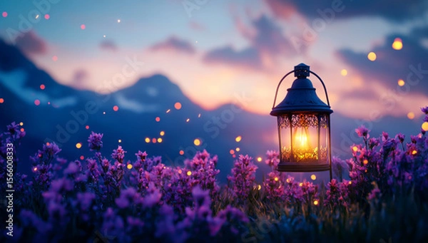 Fototapeta A glowing lantern stands in the foreground, surrounded by purple flowers and fireflies against a backdrop of mountains at dusk