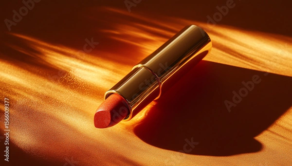 Fototapeta A lipstick with a golden, shimmering case, resting on an orange surface. The light casts long shadows across the background