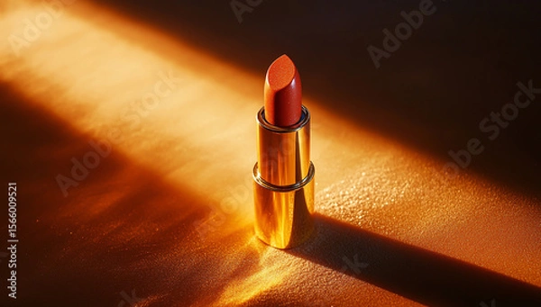Fototapeta A lipstick with a golden, shimmering case, resting on an orange surface. The light casts long shadows across the background