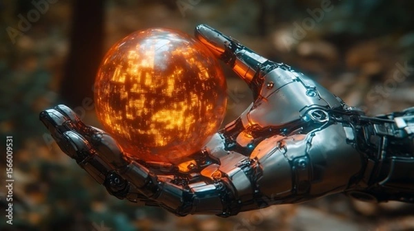 Fototapeta Robotic arm holding glowing orb