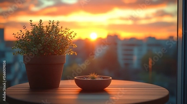 Fototapeta Sunset view from indoor window table with plants