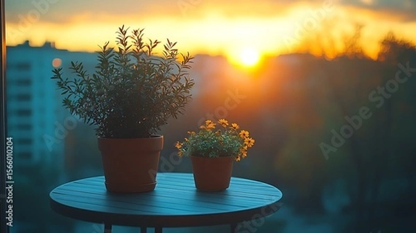 Fototapeta Sunset view through window with plants