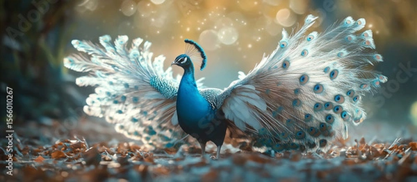Fototapeta A peacock with spread wings, feathers in shades of blue and white, standing on the ground